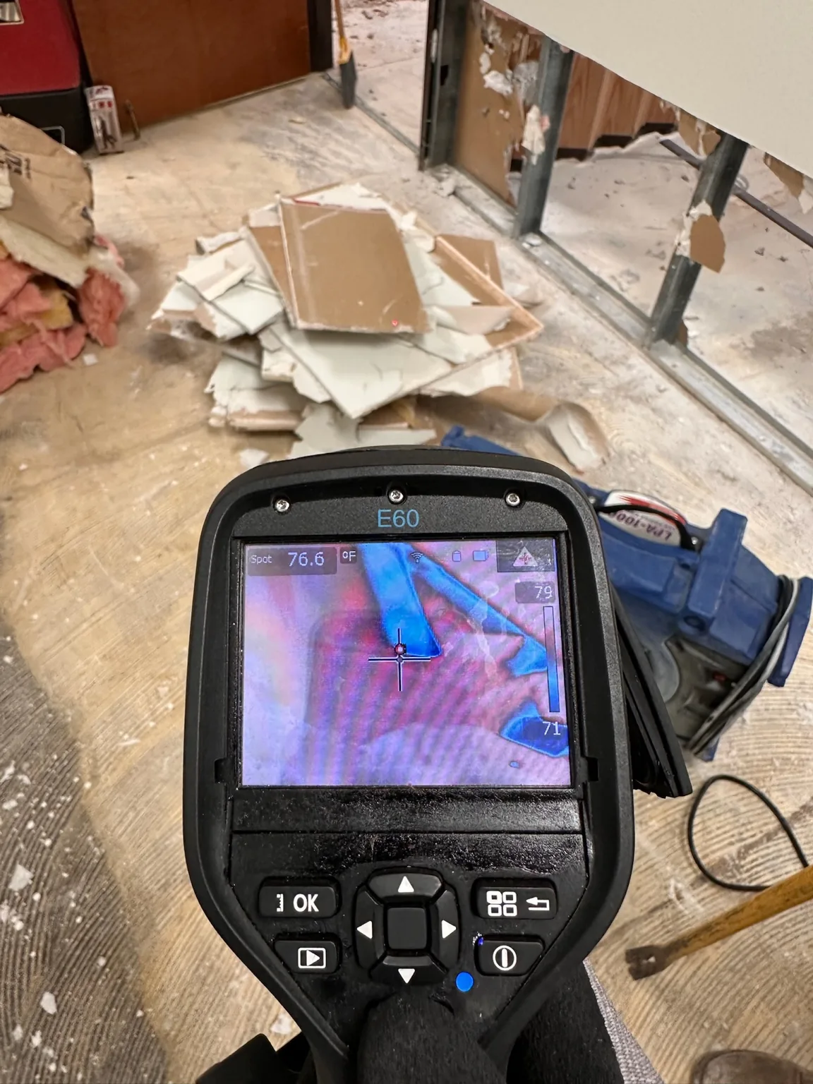 Thermal inspection of the floor/wall area after removal exposed underlying assemblies.