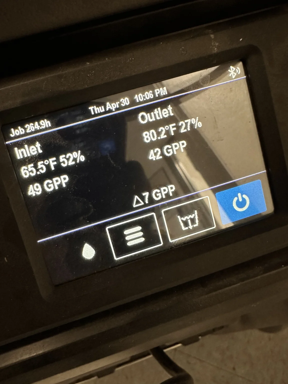 Dehumidifier inlet and outlet conditions displayed on equipment screen
