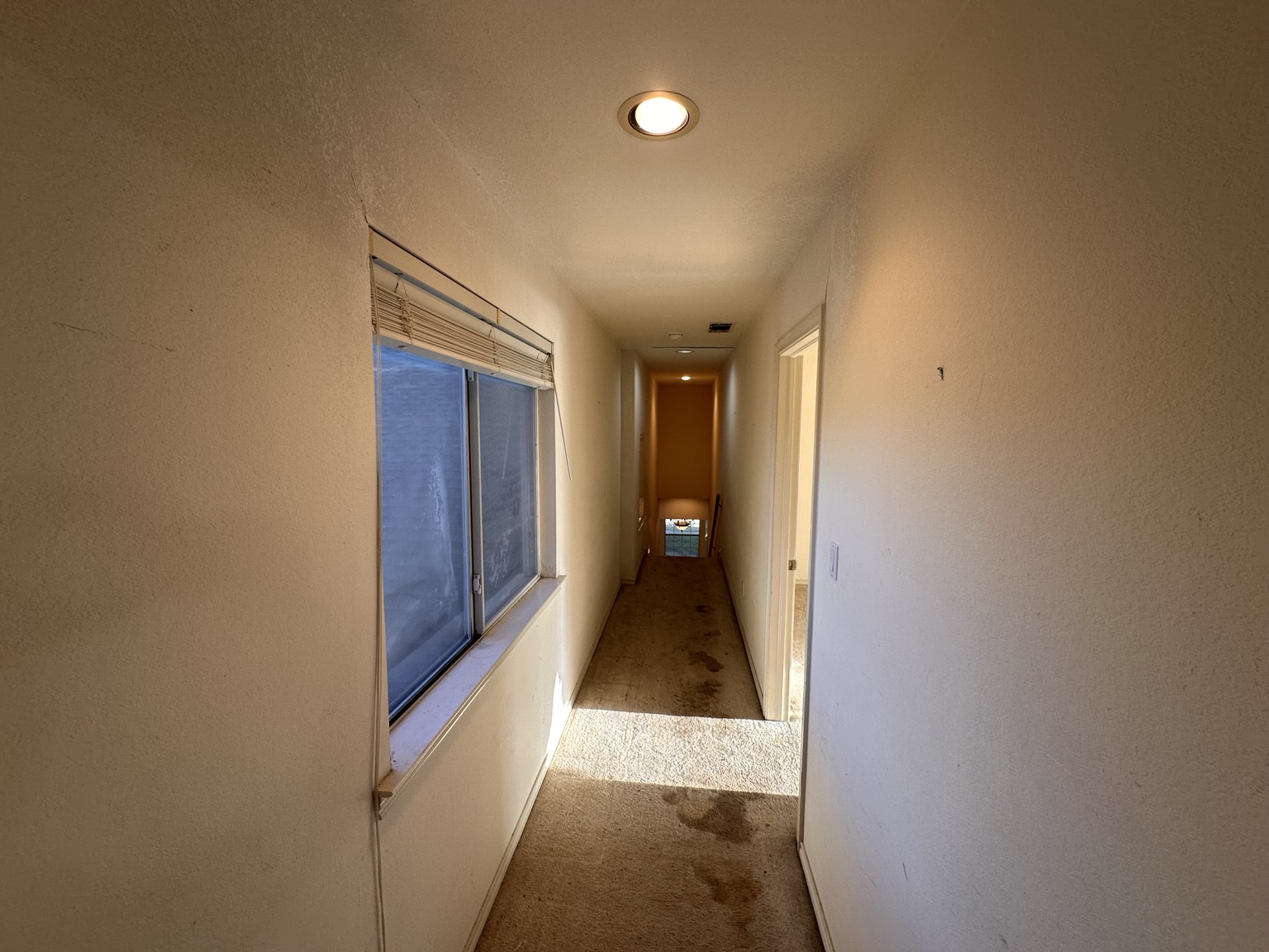 Upstairs hallway with visible carpet staining and traffic patterns.
